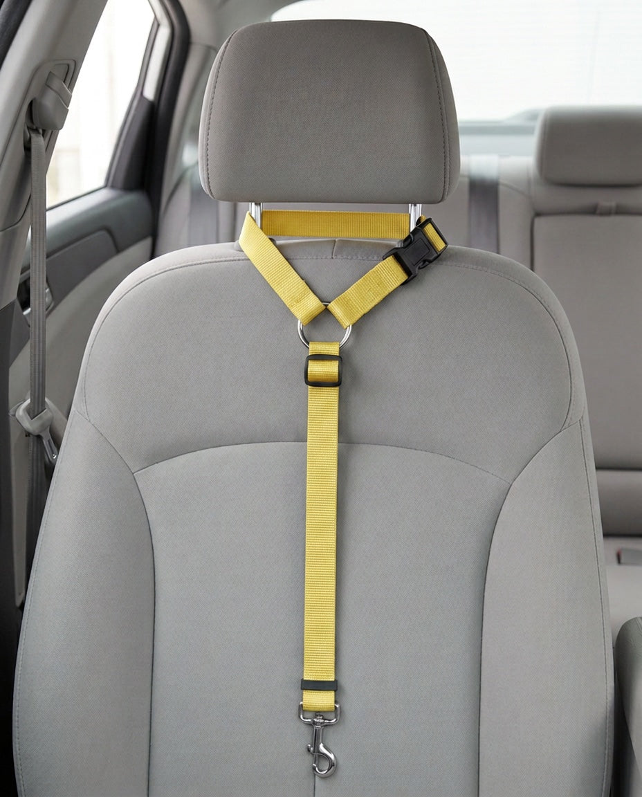 Cinturón de seguridad 2 en 1 en amarillo montado en el reposacabezas del asiento de un coche