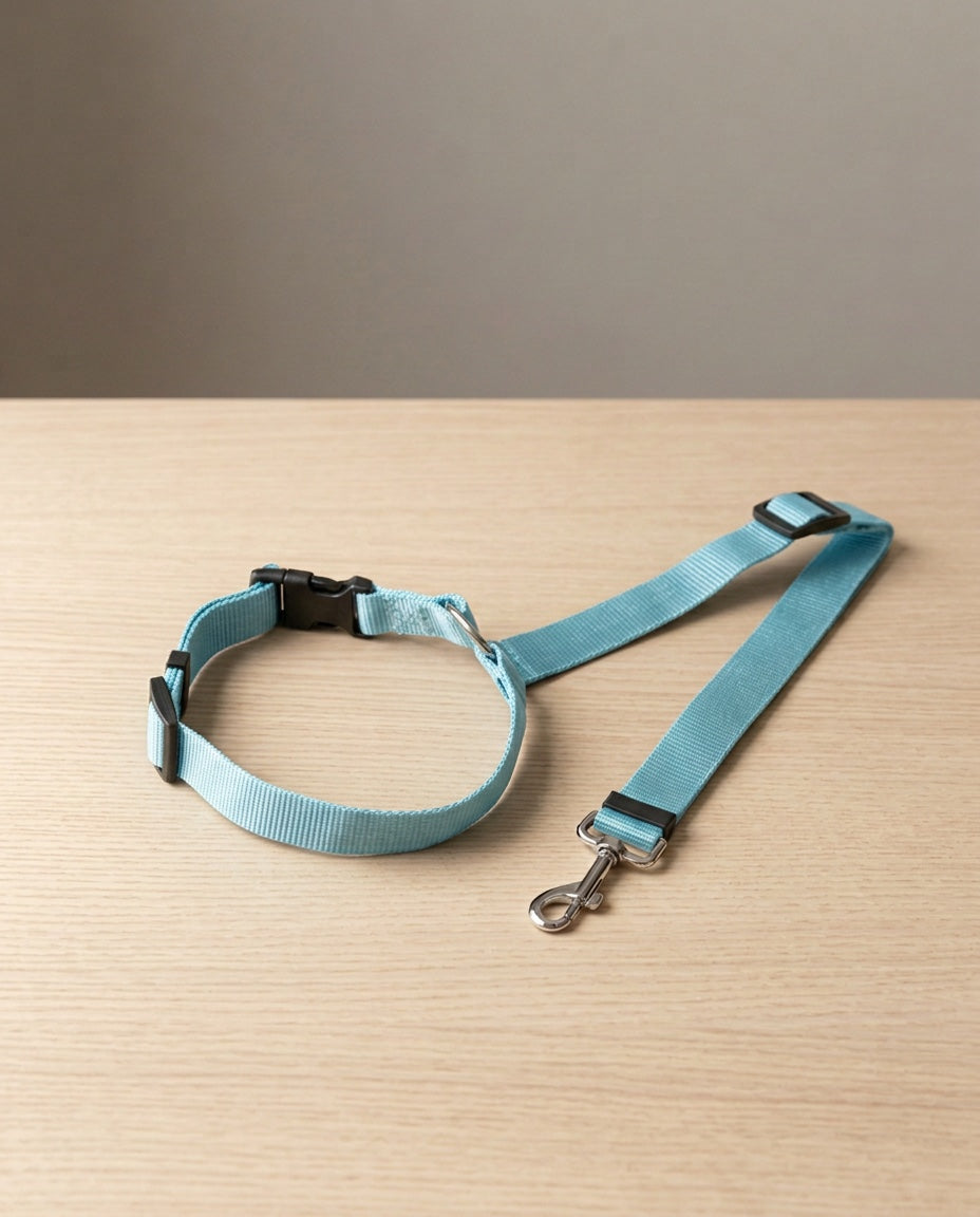 Cinturón de seguridad 2 en 1 para perro en azul celeste, extendido sobre madera clara