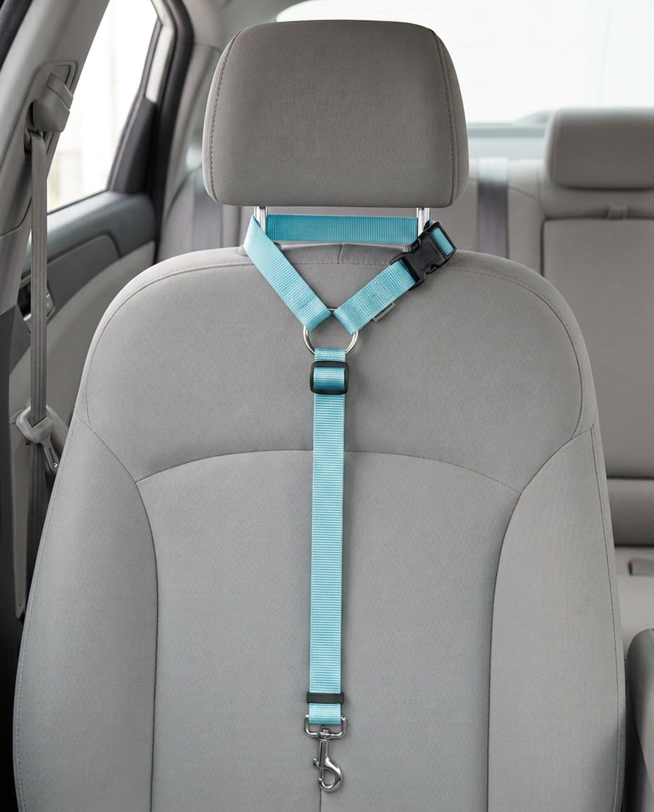 Cinturón de seguridad 2 en 1 en azul celeste montado en el reposacabezas del asiento de un coche