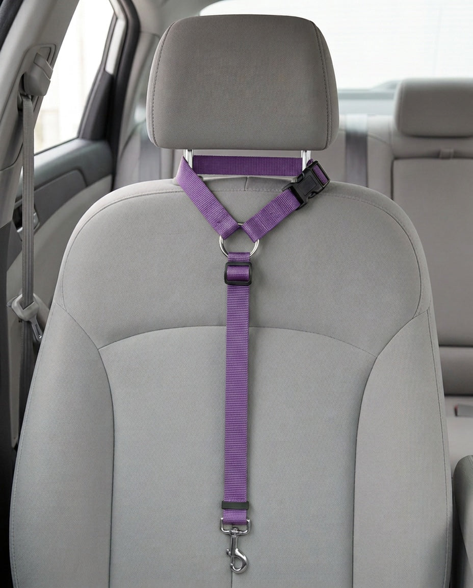 Cinturón de seguridad 2 en 1 en morado montado en el reposacabezas del asiento de un coche