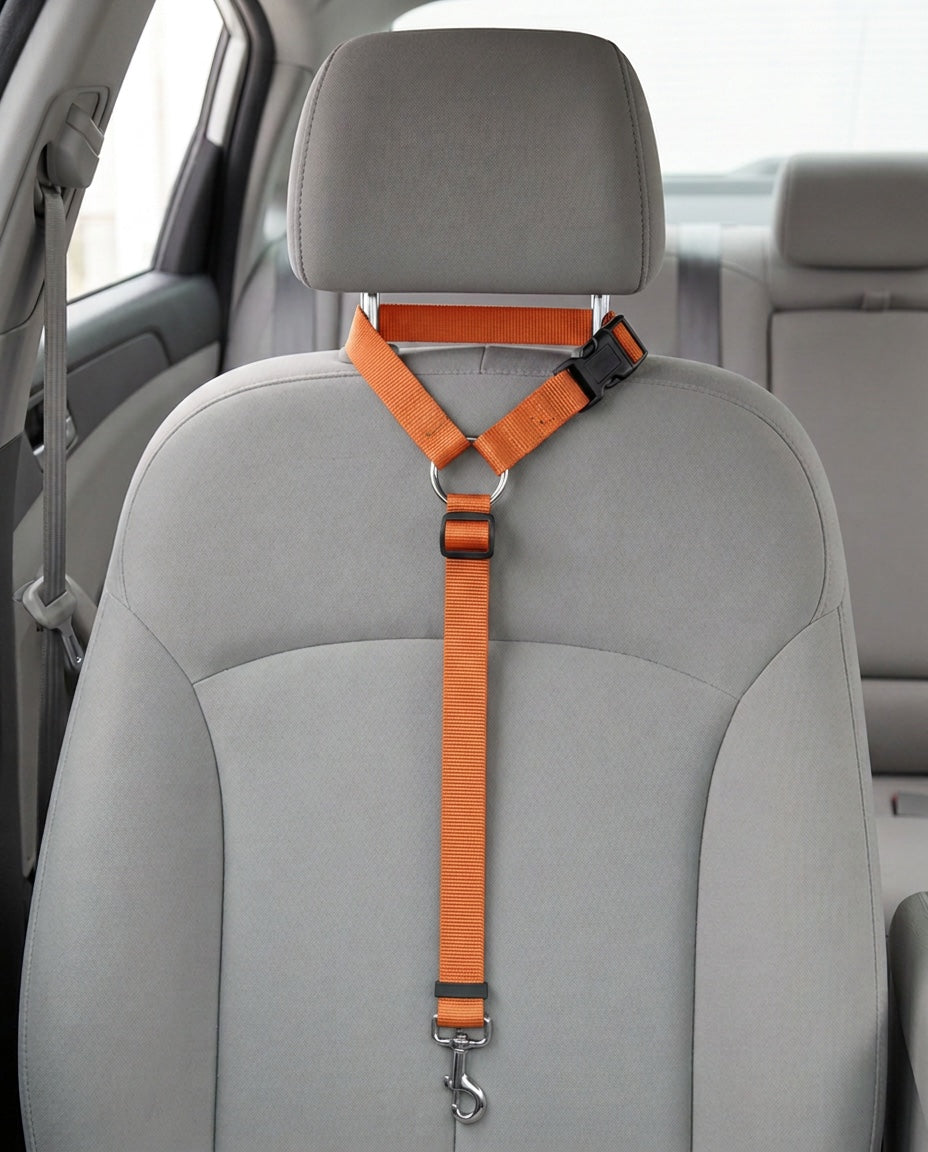 Cinturón de seguridad 2 en 1 en naranja montado en el reposacabezas del asiento de un coche
