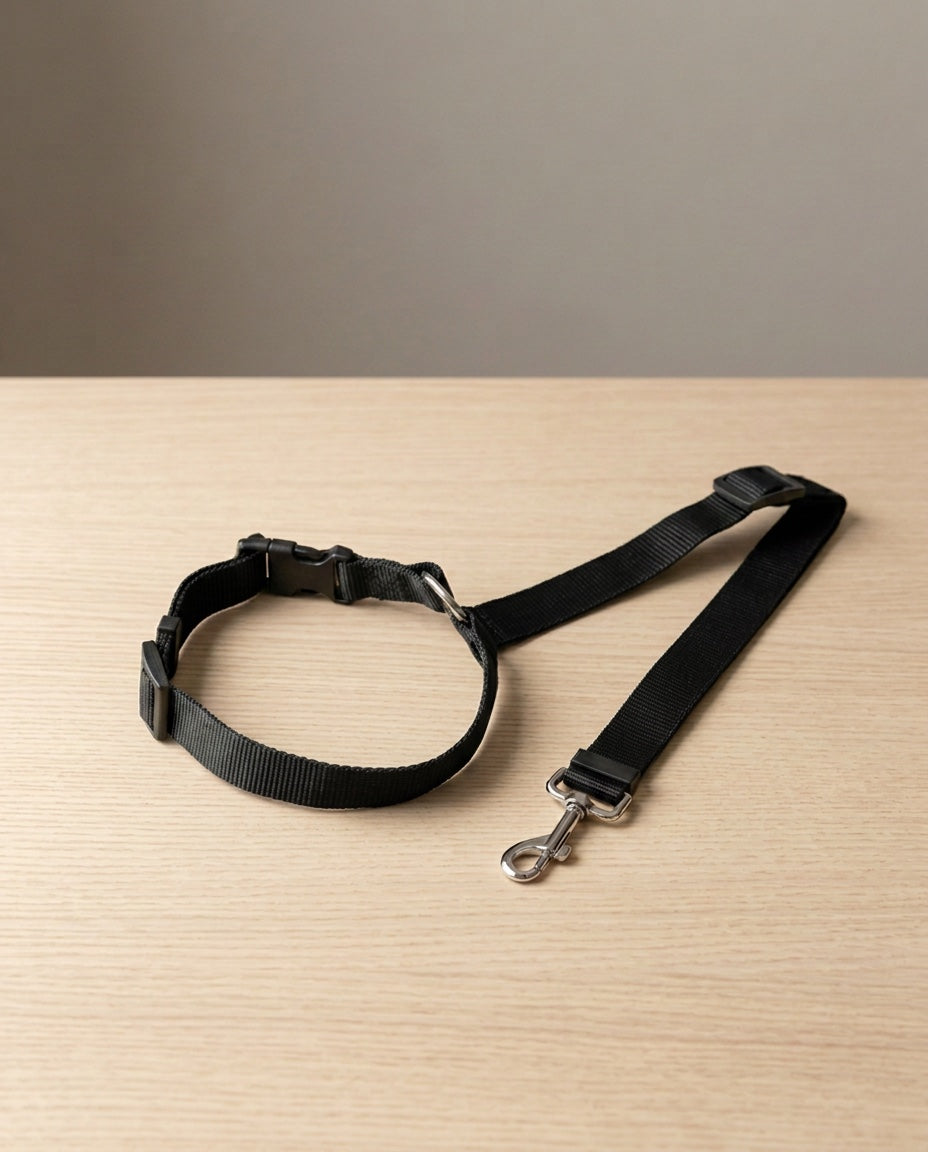 Cinturón de seguridad 2 en 1 para perro en negro, extendido sobre madera clara