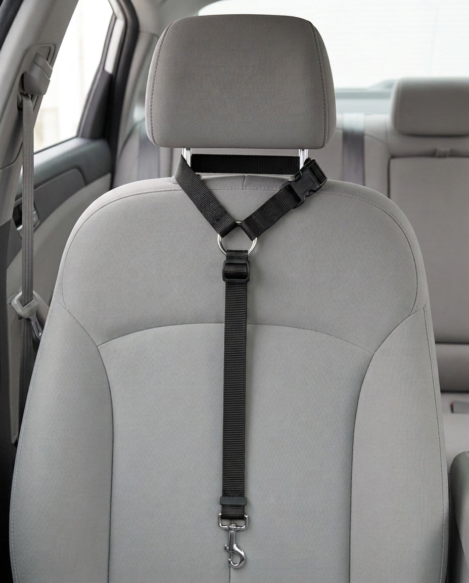 Cinturón de seguridad 2 en 1 en negro montado en el reposacabezas del asiento de un coche