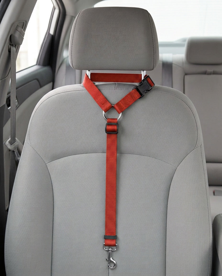 Cinturón de seguridad 2 en 1 en rojo montado en el reposacabezas del asiento de un coche