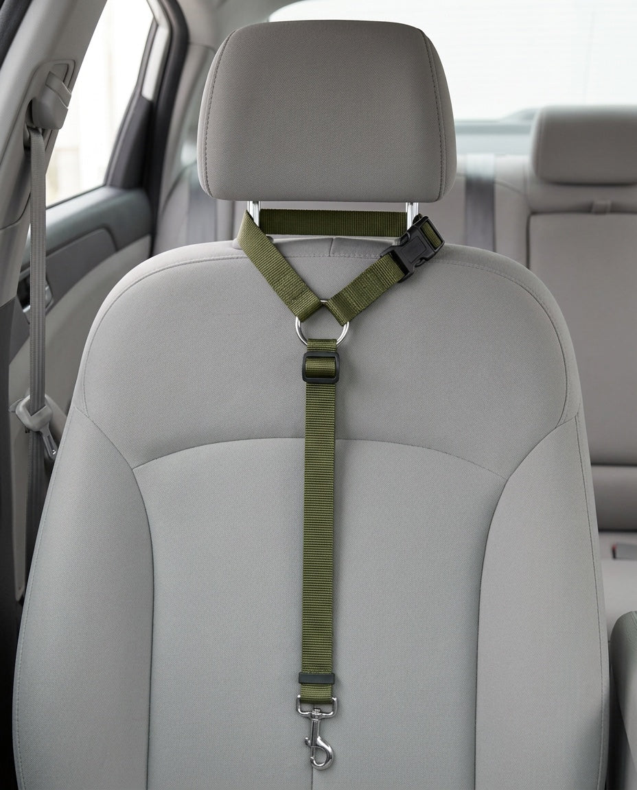Cinturón de seguridad 2 en 1 en verde oliva montado en el reposacabezas del asiento de un coche