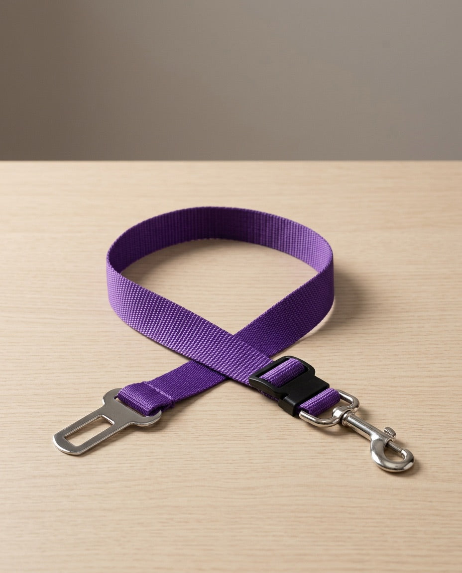 Cinturón de seguridad para coche en morado, extendido sobre madera clara