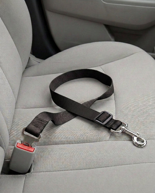 Cinturón de seguridad para coche en negro, abrochado a la hebilla del asiento del copiloto