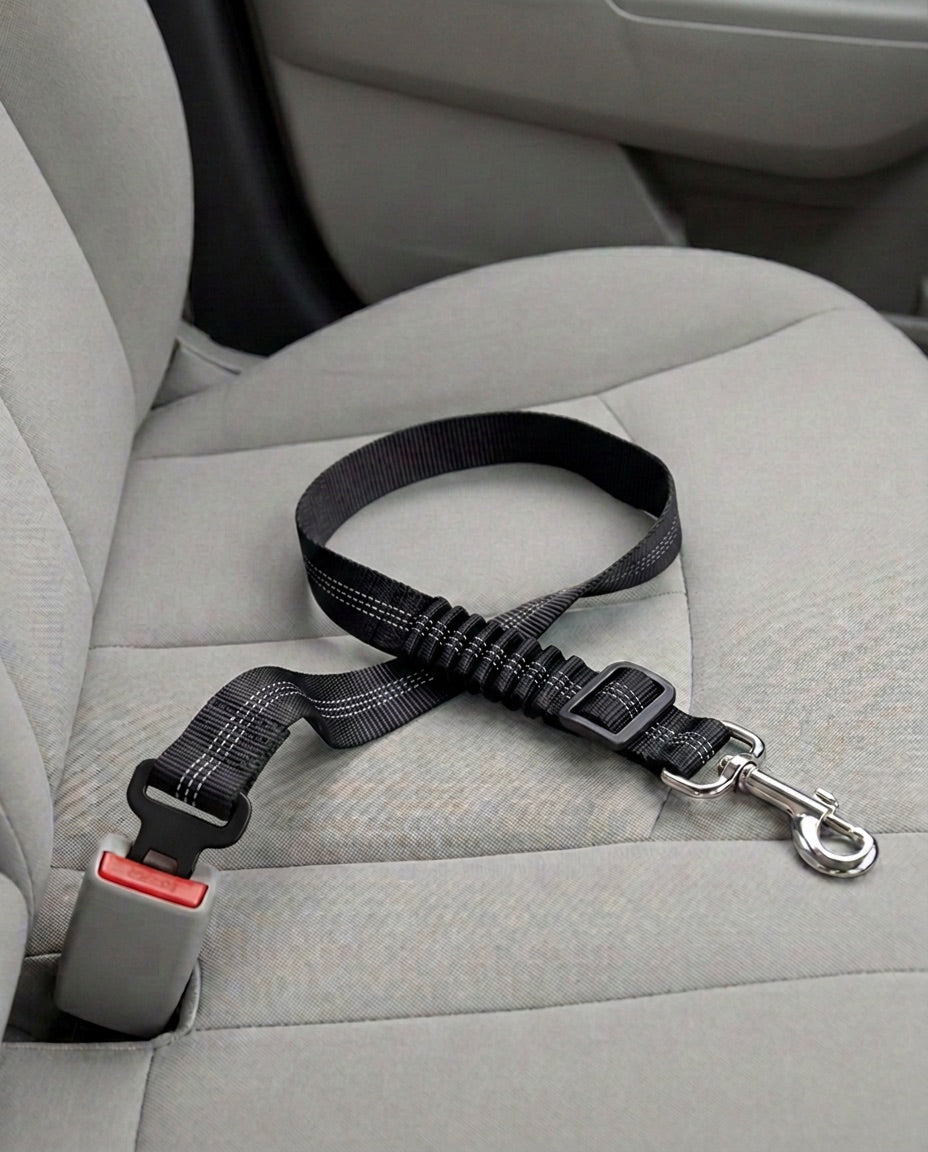 Cinturón de seguridad para coche en negro reflectante, abrochado a la hebilla del asiento del copiloto
