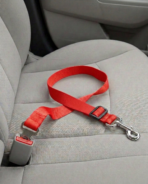 Cinturón de seguridad para coche en rojo, abrochado a la hebilla del asiento del copiloto